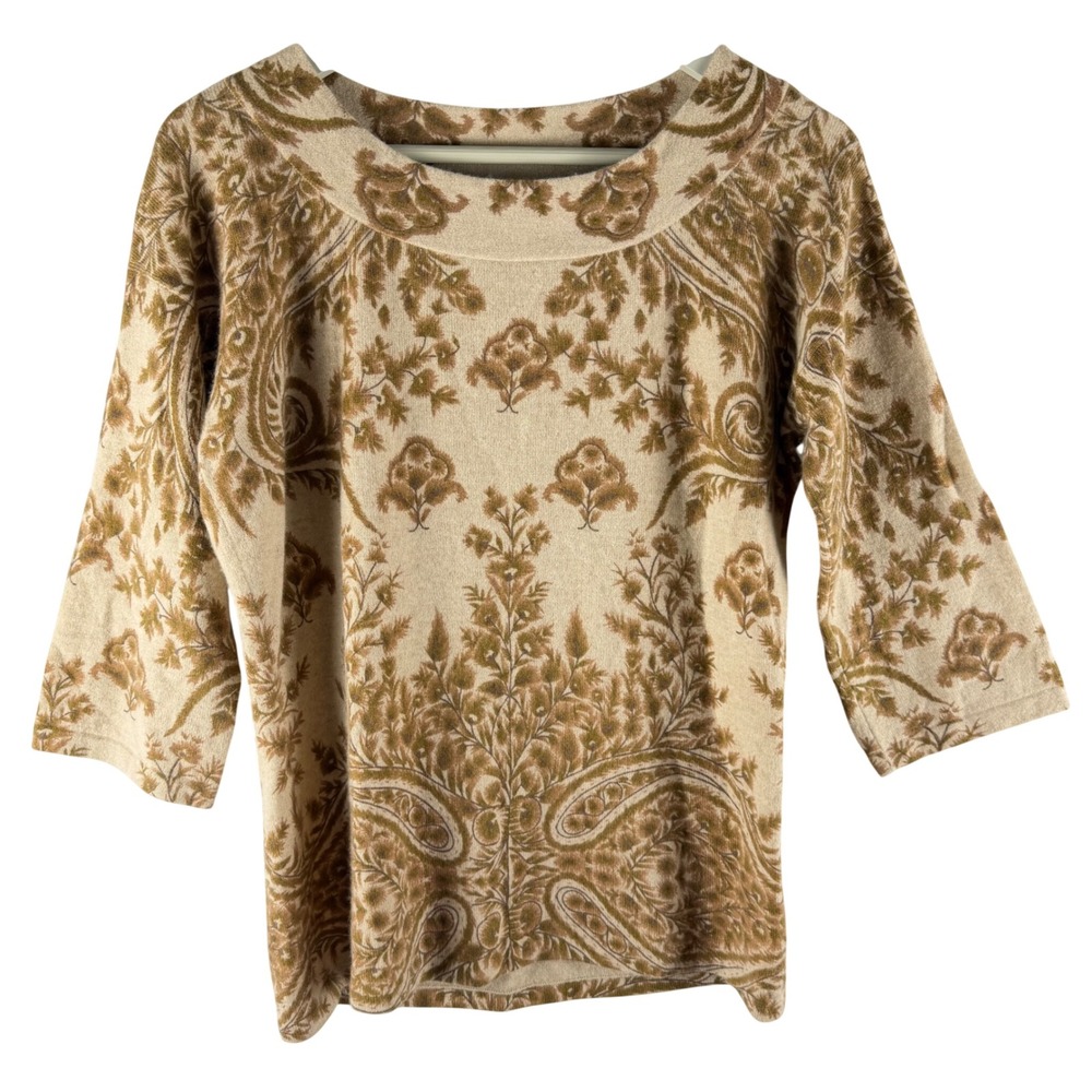VTG Neiman Marcus Cashmere Sweater Womens Sz‎ M Beige Paisley Floral 3/4 Sleeve